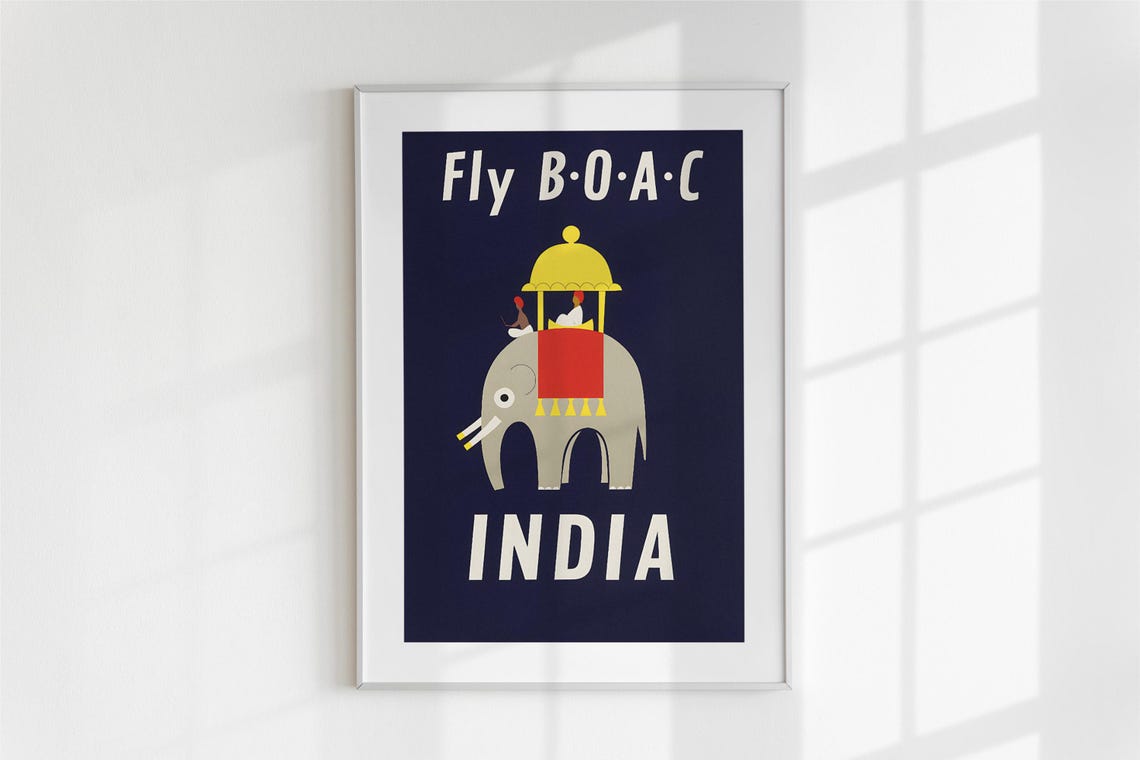 Retro Fly BOAC India Minimalist Elephant Airline Travel Poster