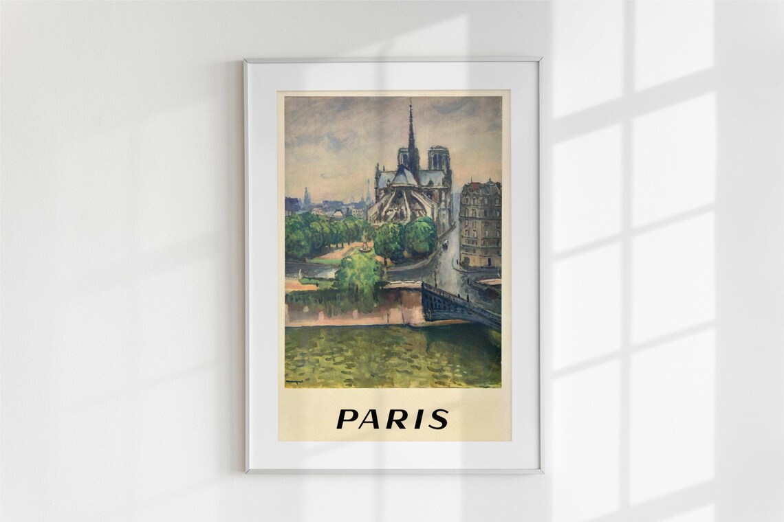 Vintage Paris Notre Dame Cathedral Seine River Painting Poster