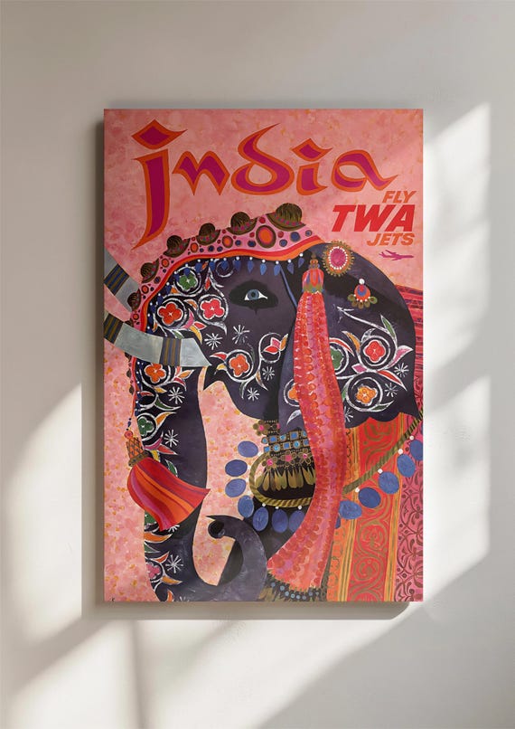 India Twa Travel Poster Decorated Elephant Print Gift For Her Wall Art Decor Retro Colorful Artwork