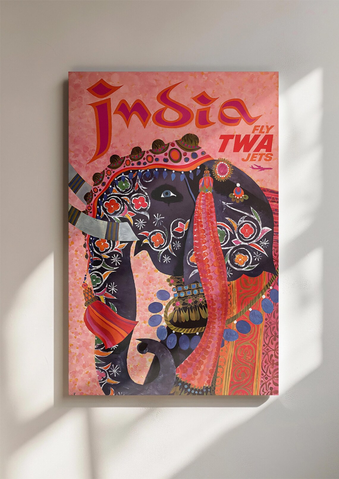 Retro TWA India Airline Decorated Elephant Vintage Travel Poster