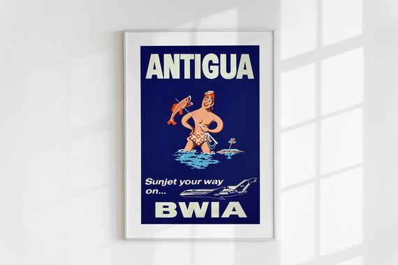 Antigua Vintage BWIA Airline Island Beach Fishing Travel Poster
