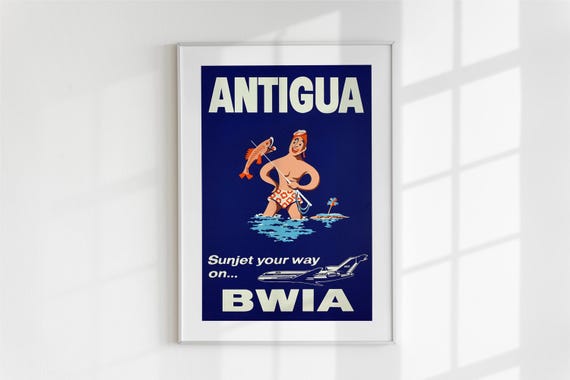 Antigua Vintage Travel Poster Bwia Wall Art Retro Caribbean Decor Beach Gift For Him Or Her