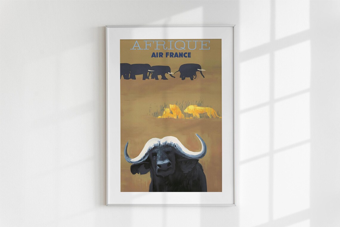Vintage Air France Afrique Safari Wildlife Buffalo Elephants Poster