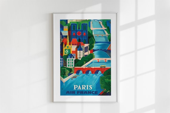Air France Paris Vintage Travel Poster Notre Dame Seine Retro Art