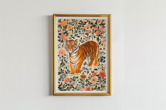 Tiger Standing in Blooming Floral Vines Indian Style Animal Art Poster