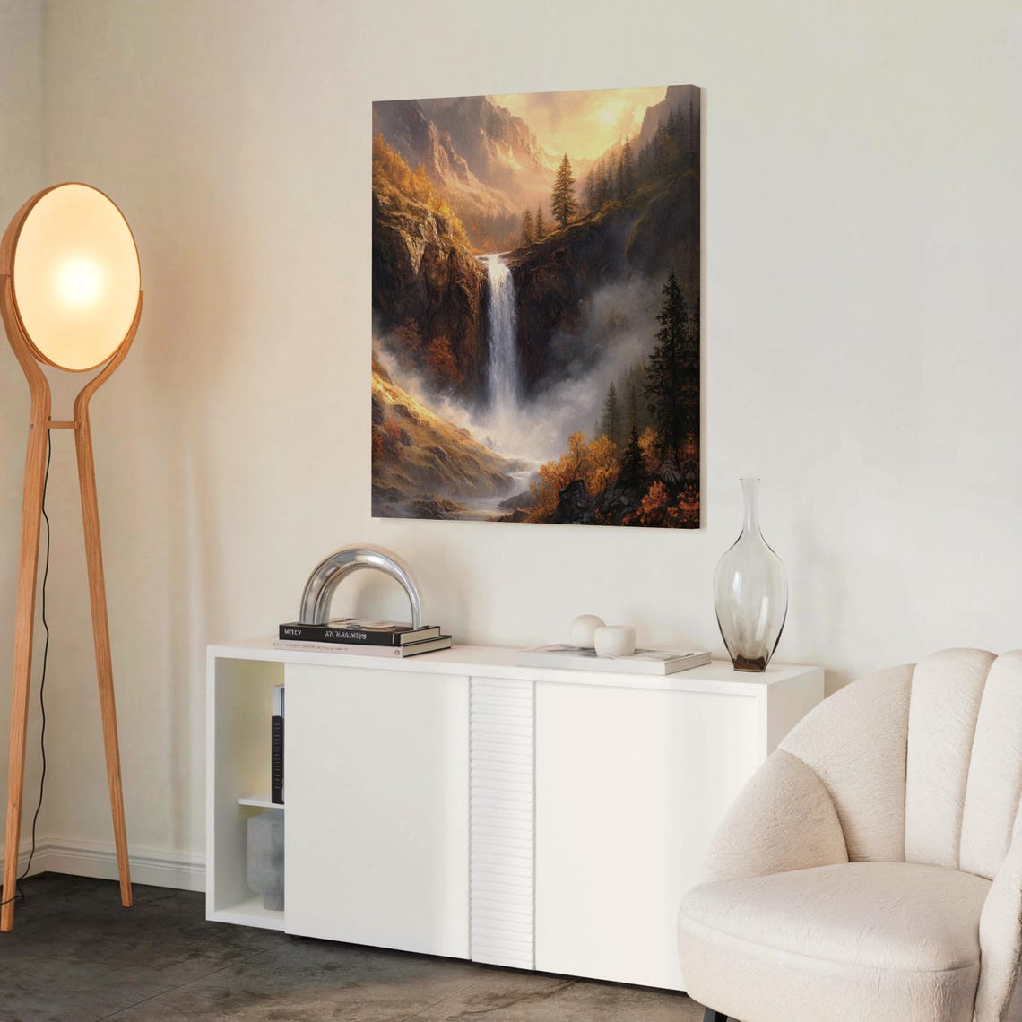 Sunset Mountain Waterfall Misty Autumn Forest Landscape Poster - Image 2