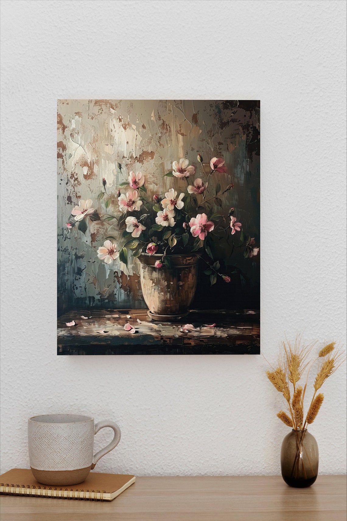 Pink Cherry Blossoms in Rustic Clay Pot Moody Floral Still Life Poster - Image 2