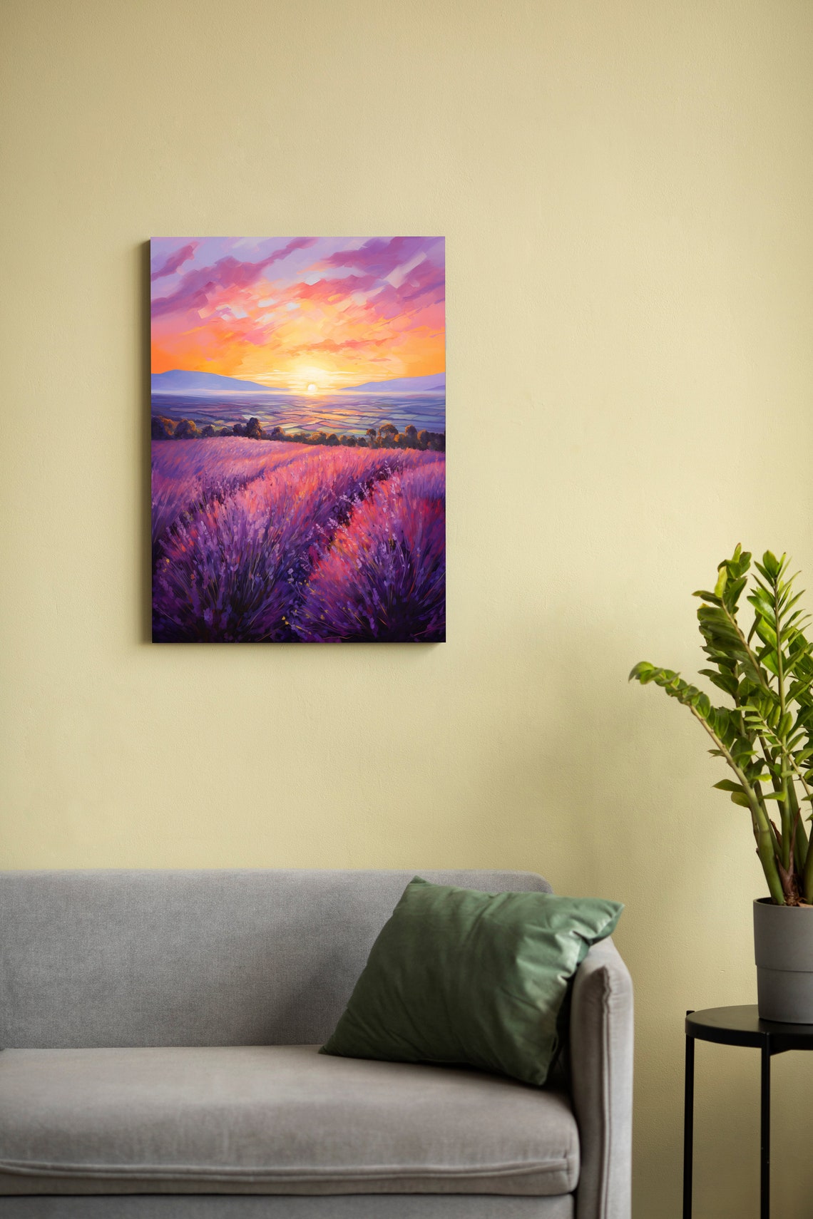 Lavender Field Rows at Vivid Pink and Orange Sunset Skies Poster - Image 2