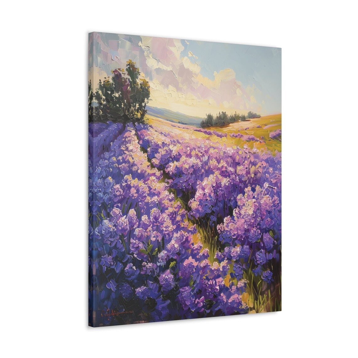 Impasto Lavender Field at Sunrise with Golden Rolling Hills Poster - Image 4