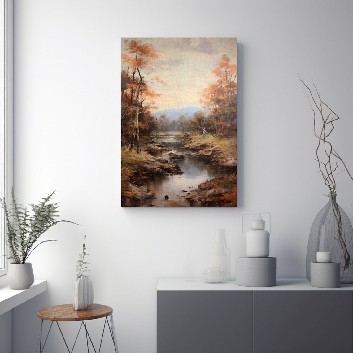 Vintage Landscape Wall Art Vintage River Art Rustic River Nature Landscape Vintage Mountain Forest Large Art - Image 3