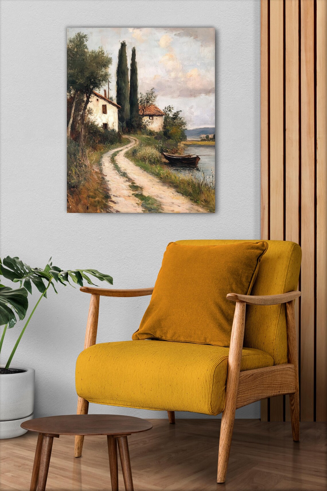 Italian Farmhouse Poster with Cypress Trees by a Lake and Boat Scene - Image 2