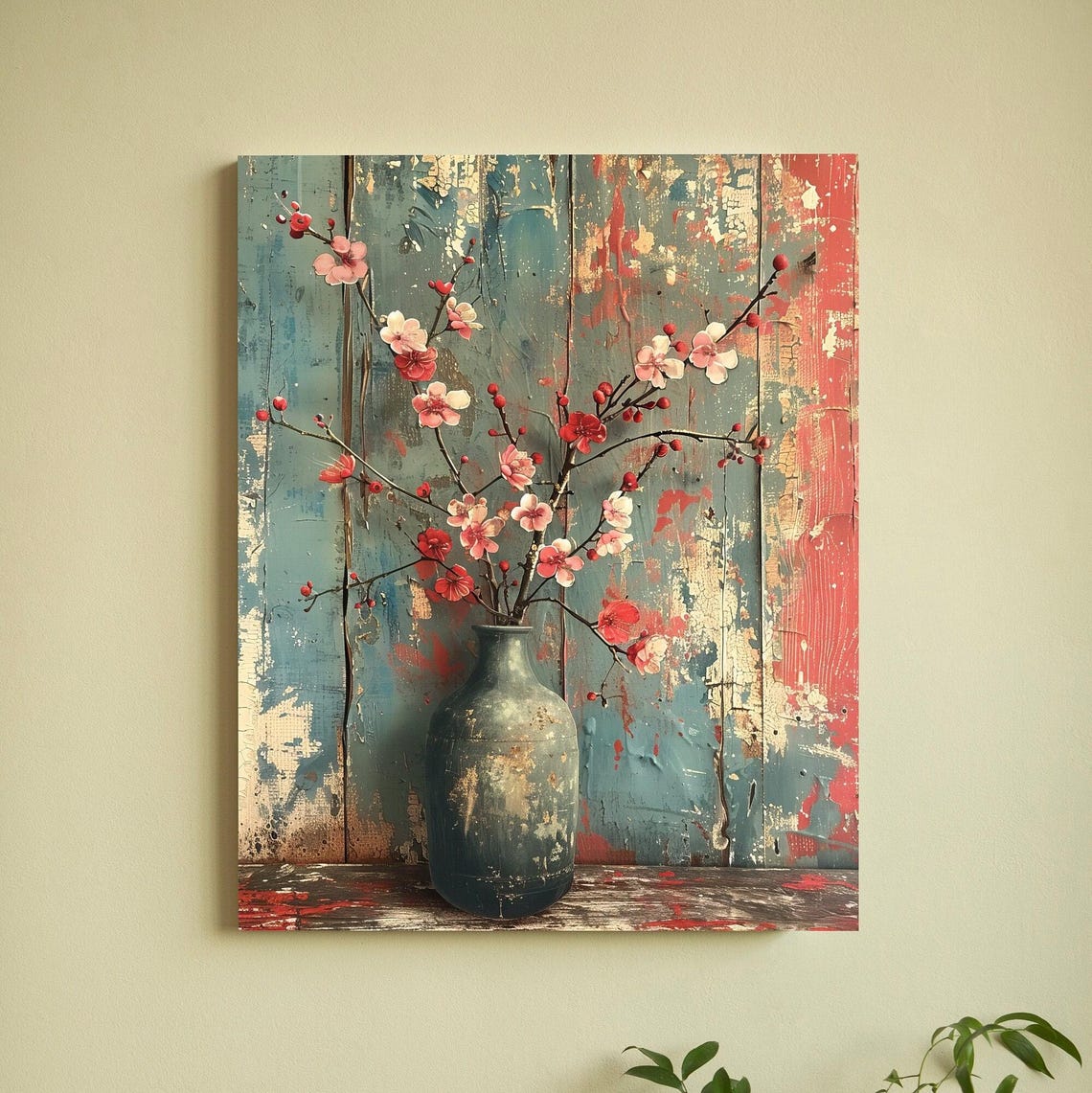 Red Blossom Branches Vintage Vase Distressed Wood Still Life Poster