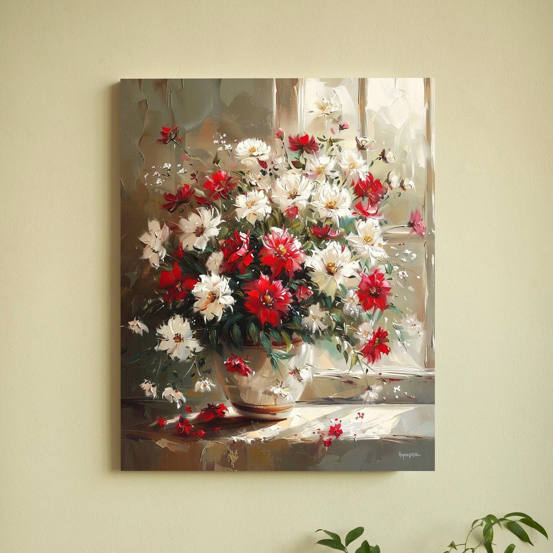 Red And White Flowers By Window Impressionist Floral Art Poster
