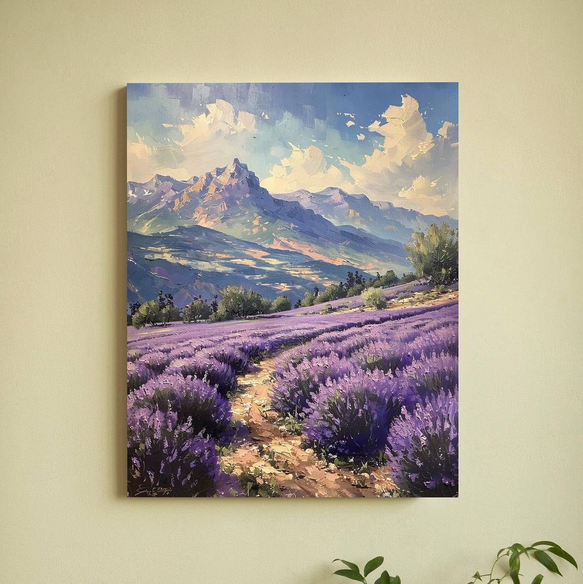 Lavender Field Rows with Dirt Path Beneath Rocky Peaks Poster