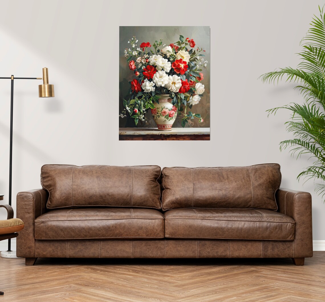 Red and White Roses in Decorated Porcelain Vase Still Life Poster - Image 3