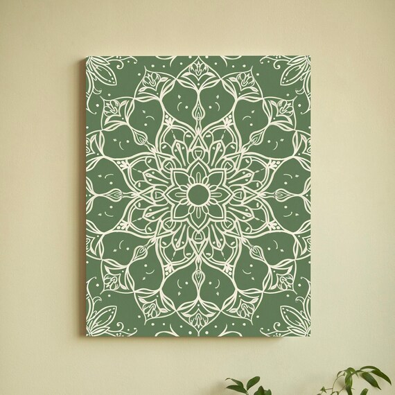 Sage Green Mandala Cream Line Art Boho Farmhouse Minimalist Poster
