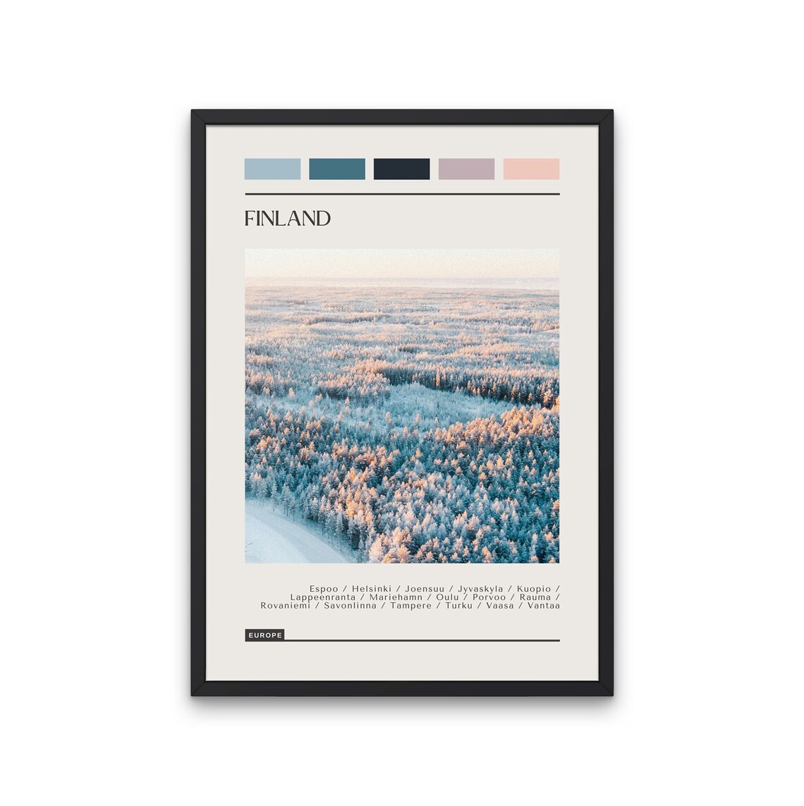 Finland Snowy Pine Forest Aerial Color Block Photo Travel Poster
