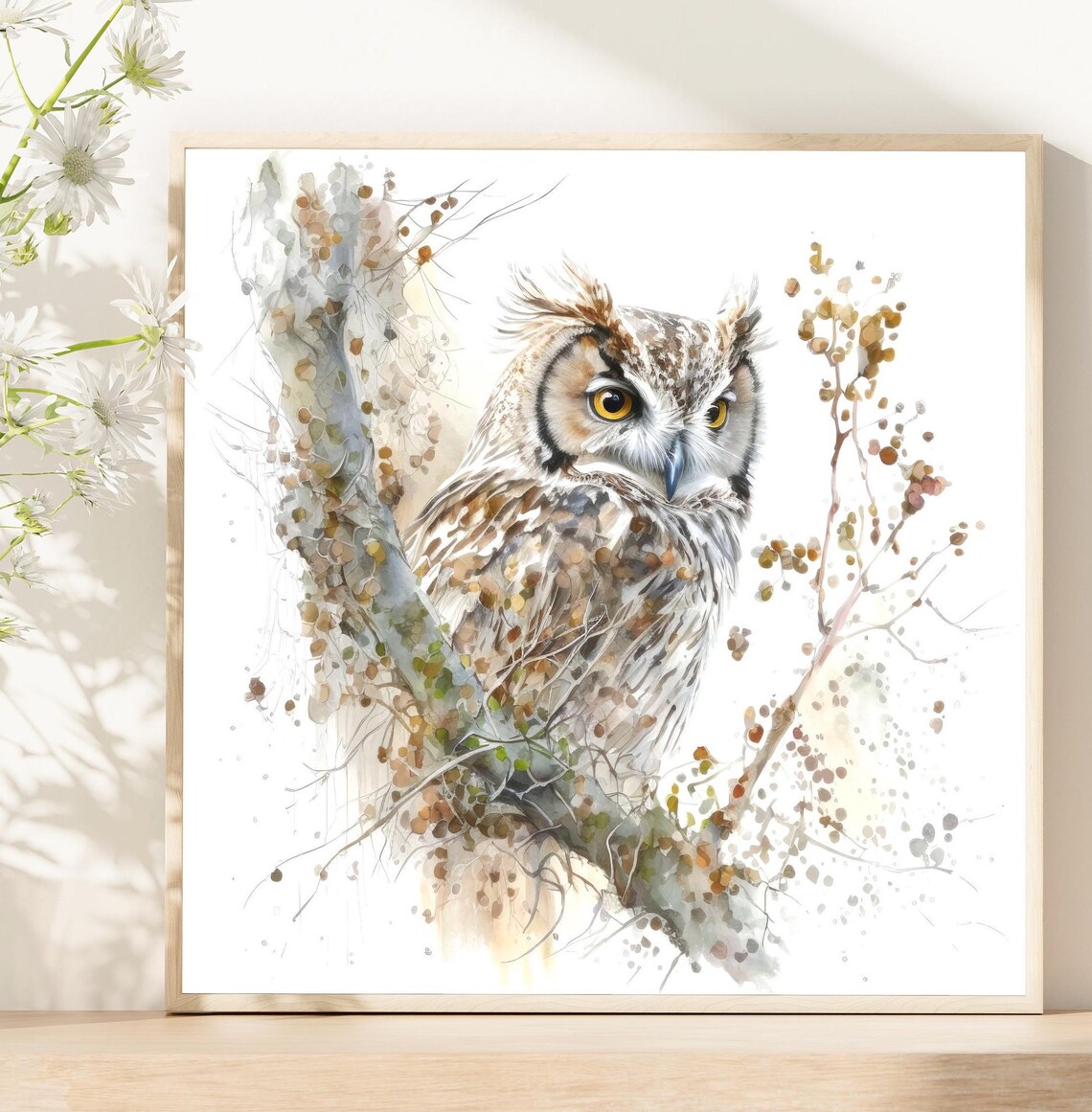 Owl Watercolor Painting Square Art Print