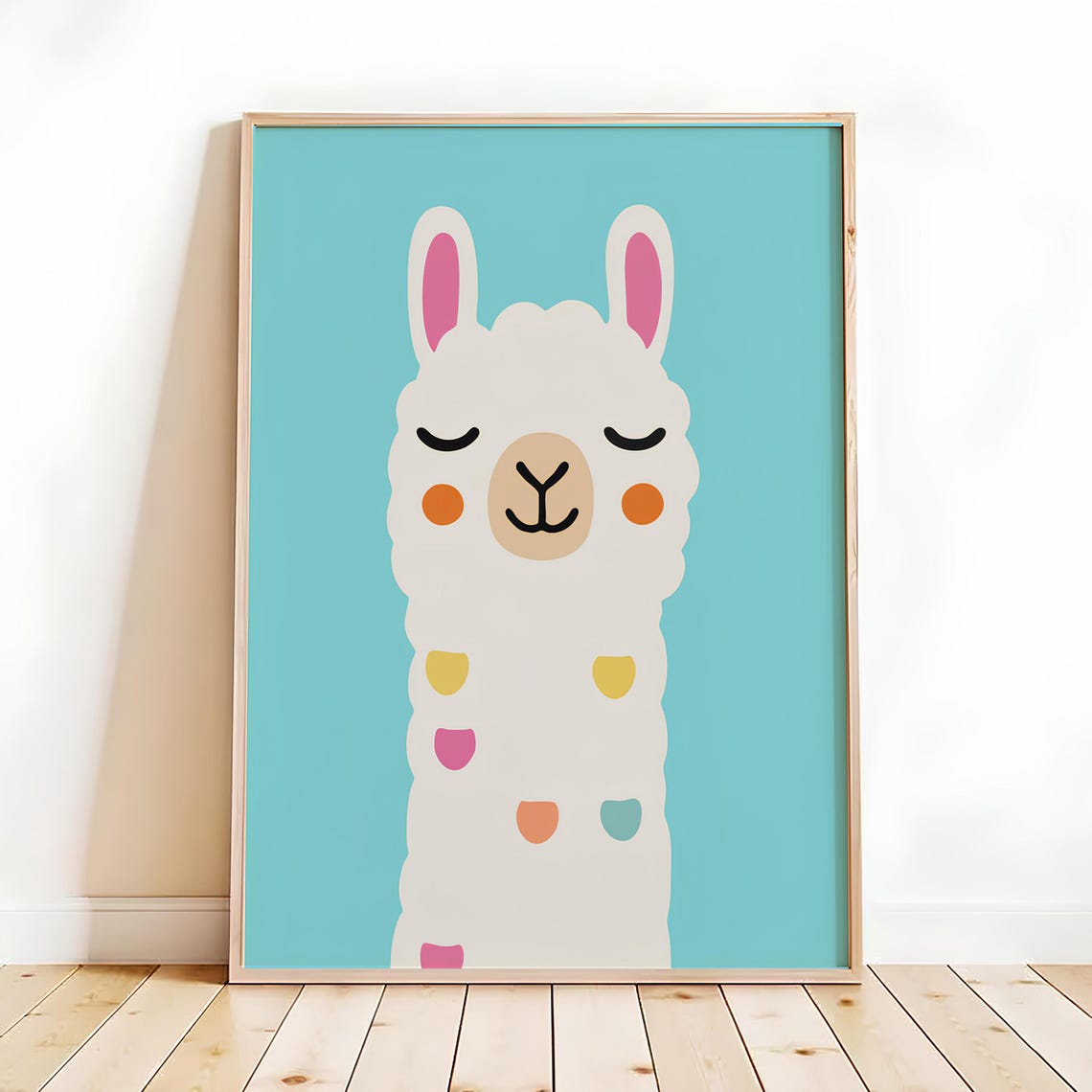 Cute Smiling Llama Baby Kids Nursery Pastel Turquoise Art Poster