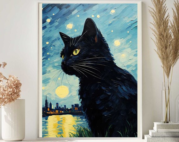 Van Goghs The Starry Night Black Cat Poster Print Beautiful Home Decor Wall Art 107