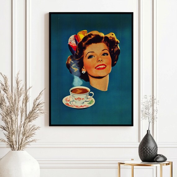 Vintage 1950s Coffee Poster Retro Mid Century Advertising Print Halftone Pop Art Wall Decor