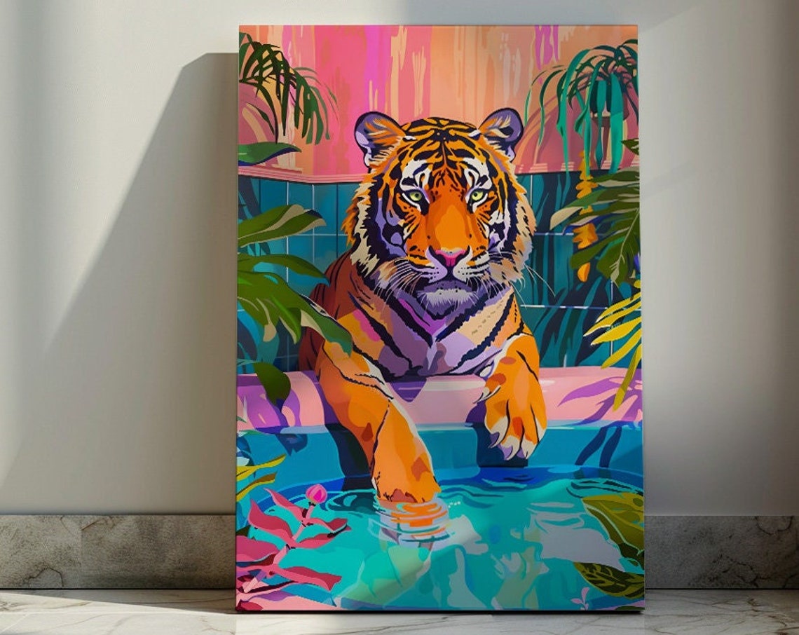 Tiger Leaning Over Bathtub Tropical Leaves Bold Pop Art Poster