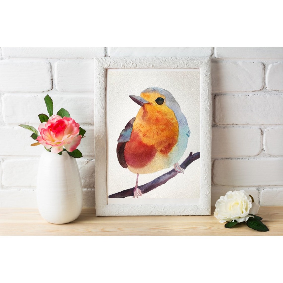 European Robin Perched on a Branch in Warm Watercolor Poster - Image 2