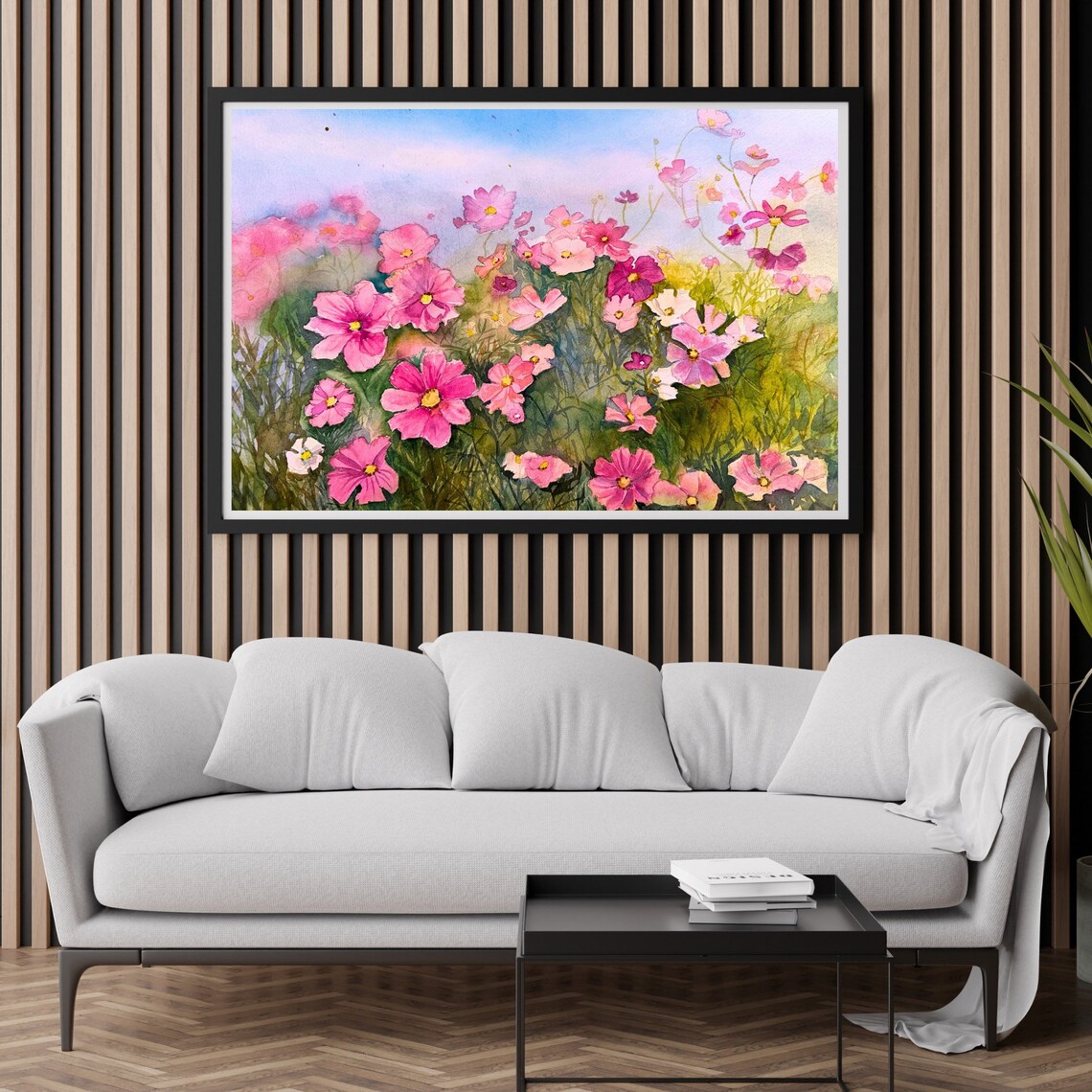 Pink Cosmos Flowers Field Under Blue Sky Watercolor Floral Poster - Image 2