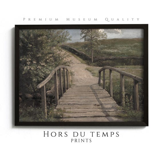 Wooden Bridge Over A River Muted Countryside Landscape Painting Village Rustic Farmhouse Vintage Art Hors Du Temps Prints