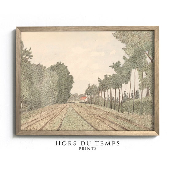 Muted Green Tones Landscape Neutral Nature Vintage Village Road Wall Print Cottage Home Decor Hors Du Temps Prints
