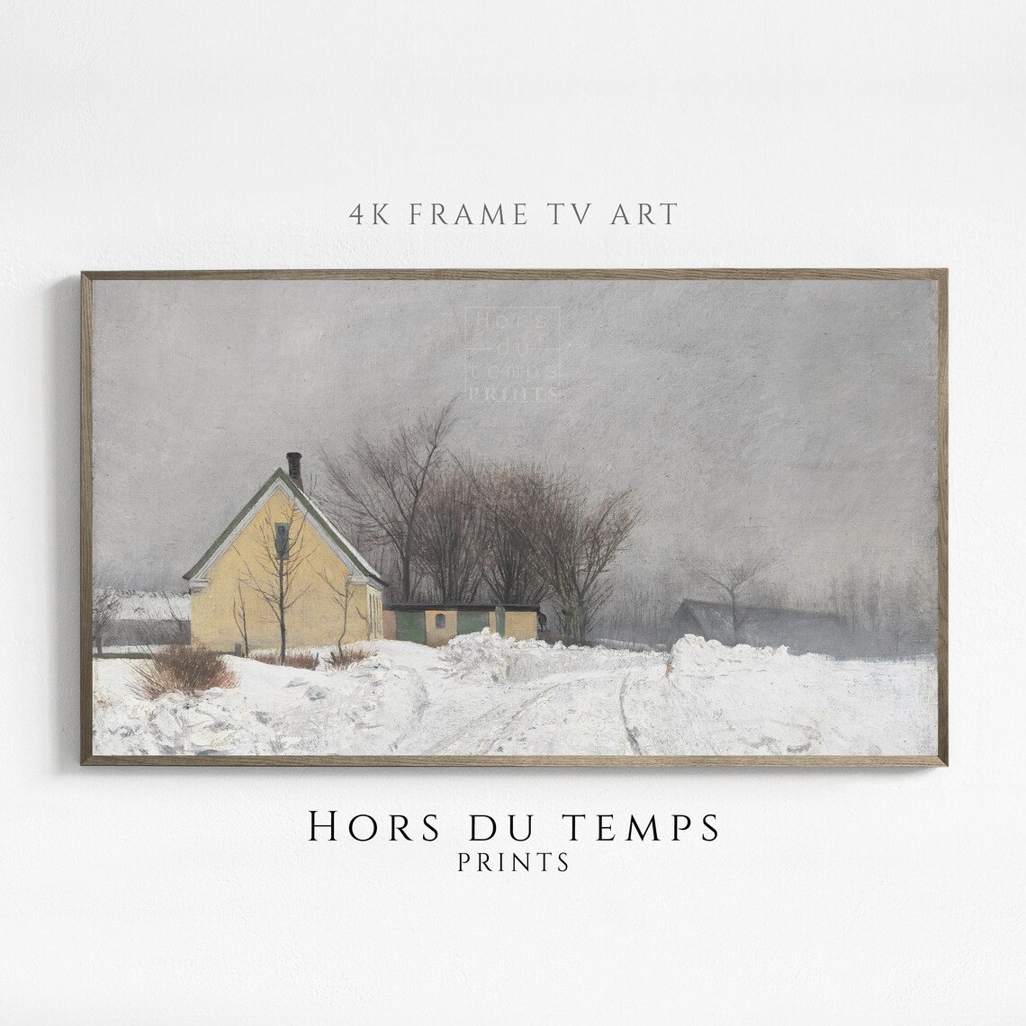Yellow Farmhouse in Deep Snow Gray Sky Vintage Winter Painting Poster