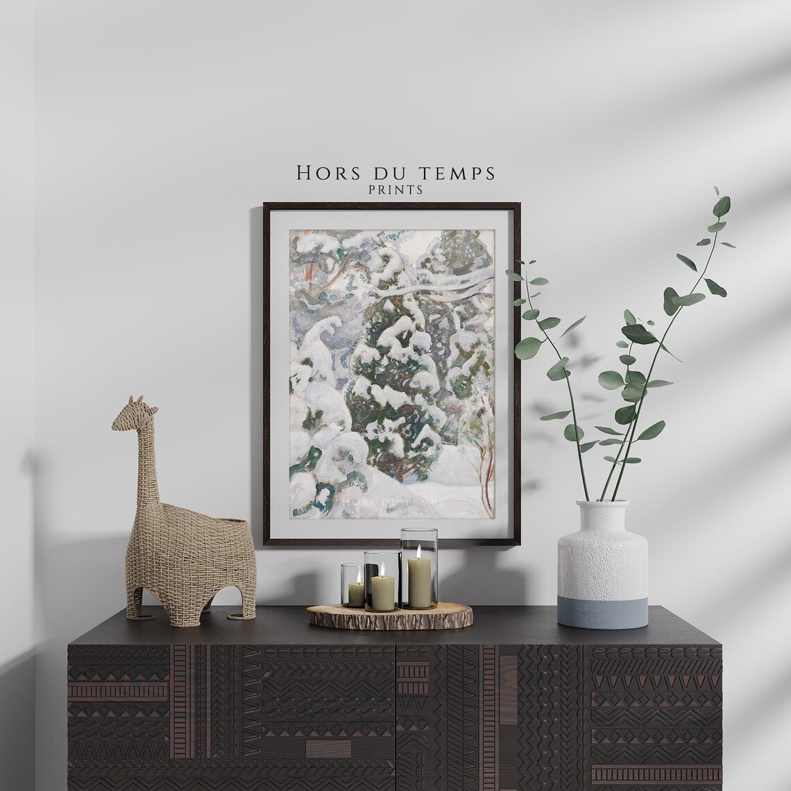 Snow Laden Juniper Trees Muted Sage Winter Botanical Oil Painting Poster - Image 2