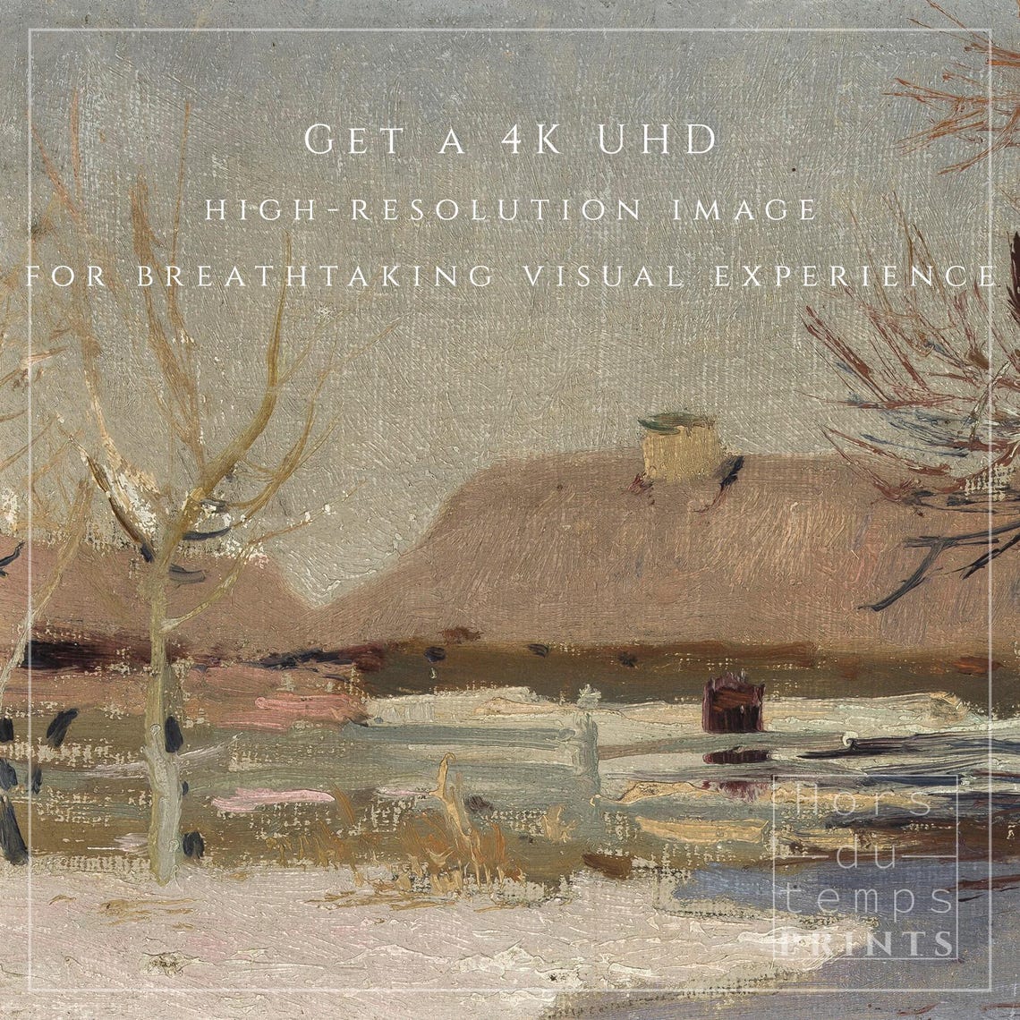 Rustic Farm with Thatched Roof and Bare Tree Winter Vintage Poster - Image 2