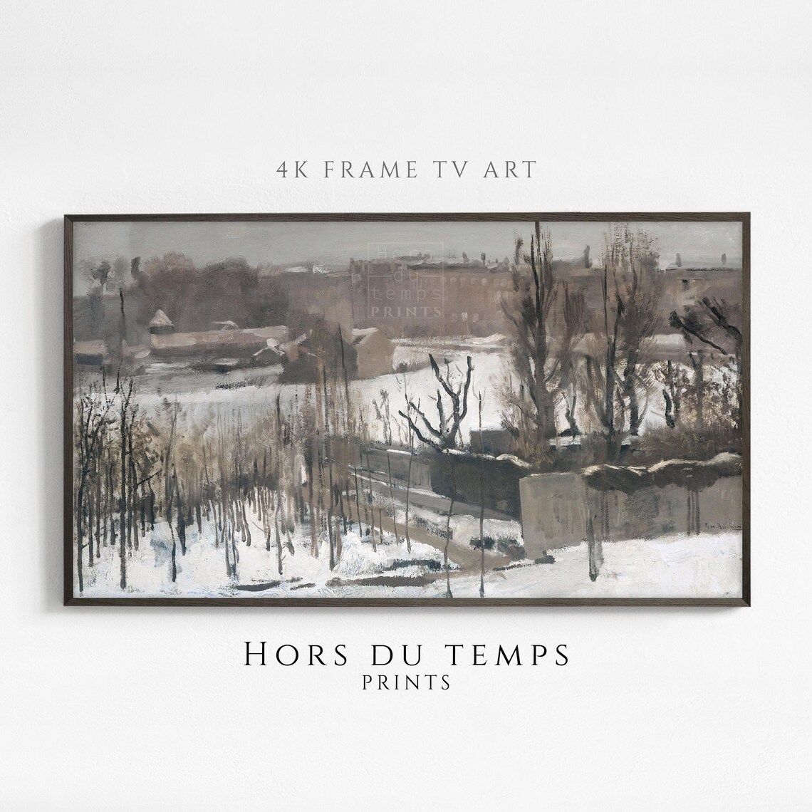 Snowy Hillside View Over Town Bare Trees Vintage Winter Painting Poster