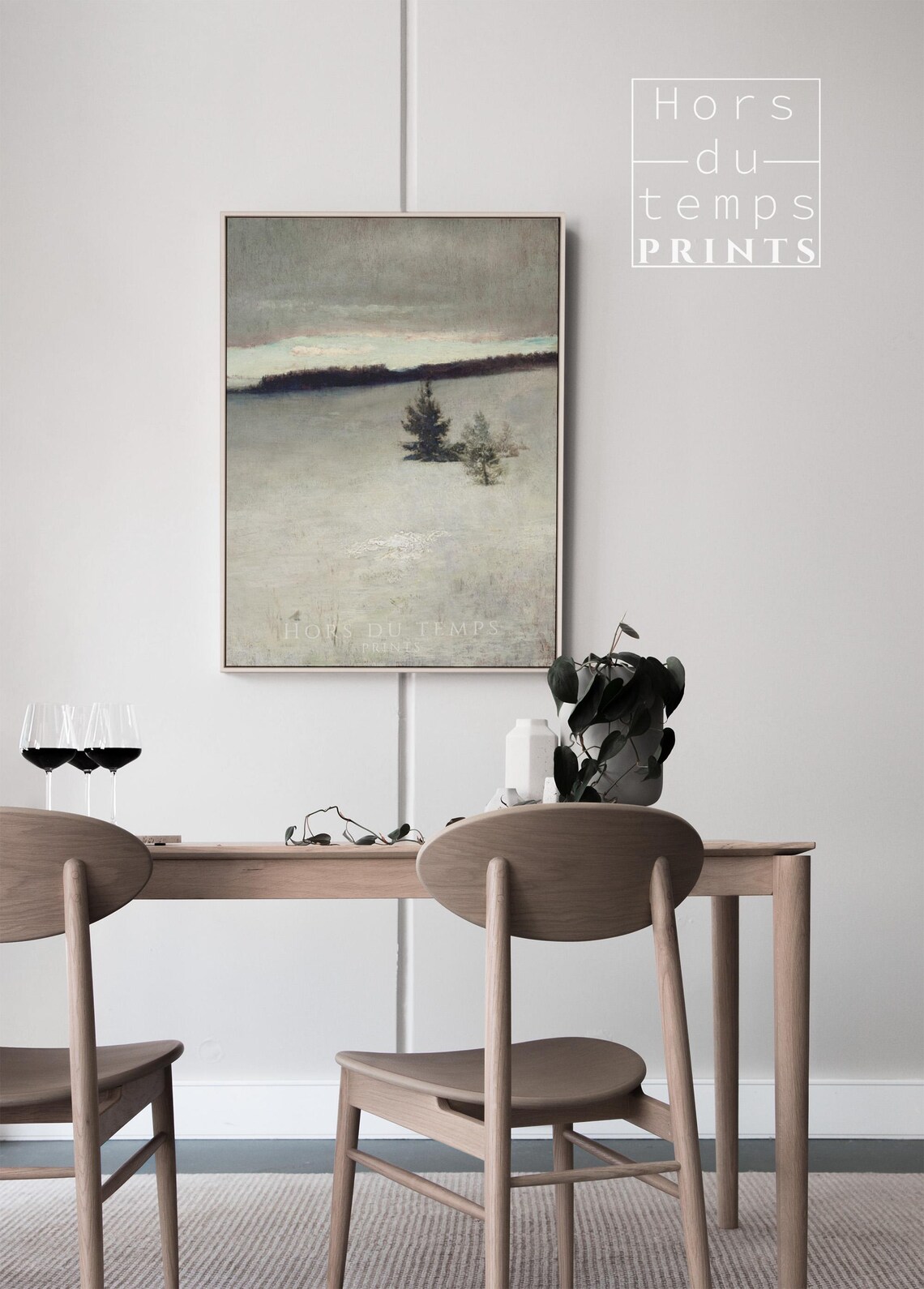 Minimalist Snowy Field Two Pines Frozen Lake Serene Winter Art Poster - Image 2
