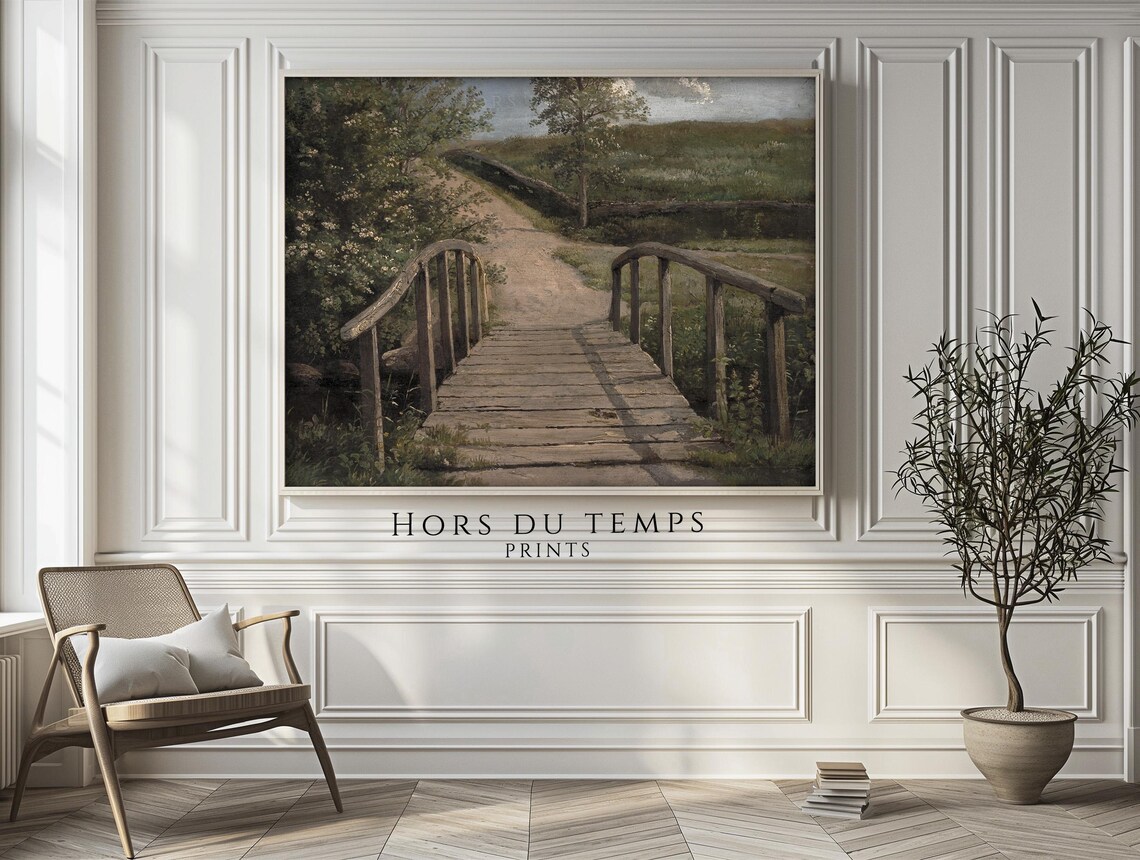 Wooden Footbridge Over Stream in Bloom Vintage Landscape Art Print - Image 2