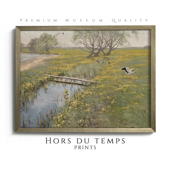 White Storks Spring Marsh Marigolds Country River Vintage Painting Poster