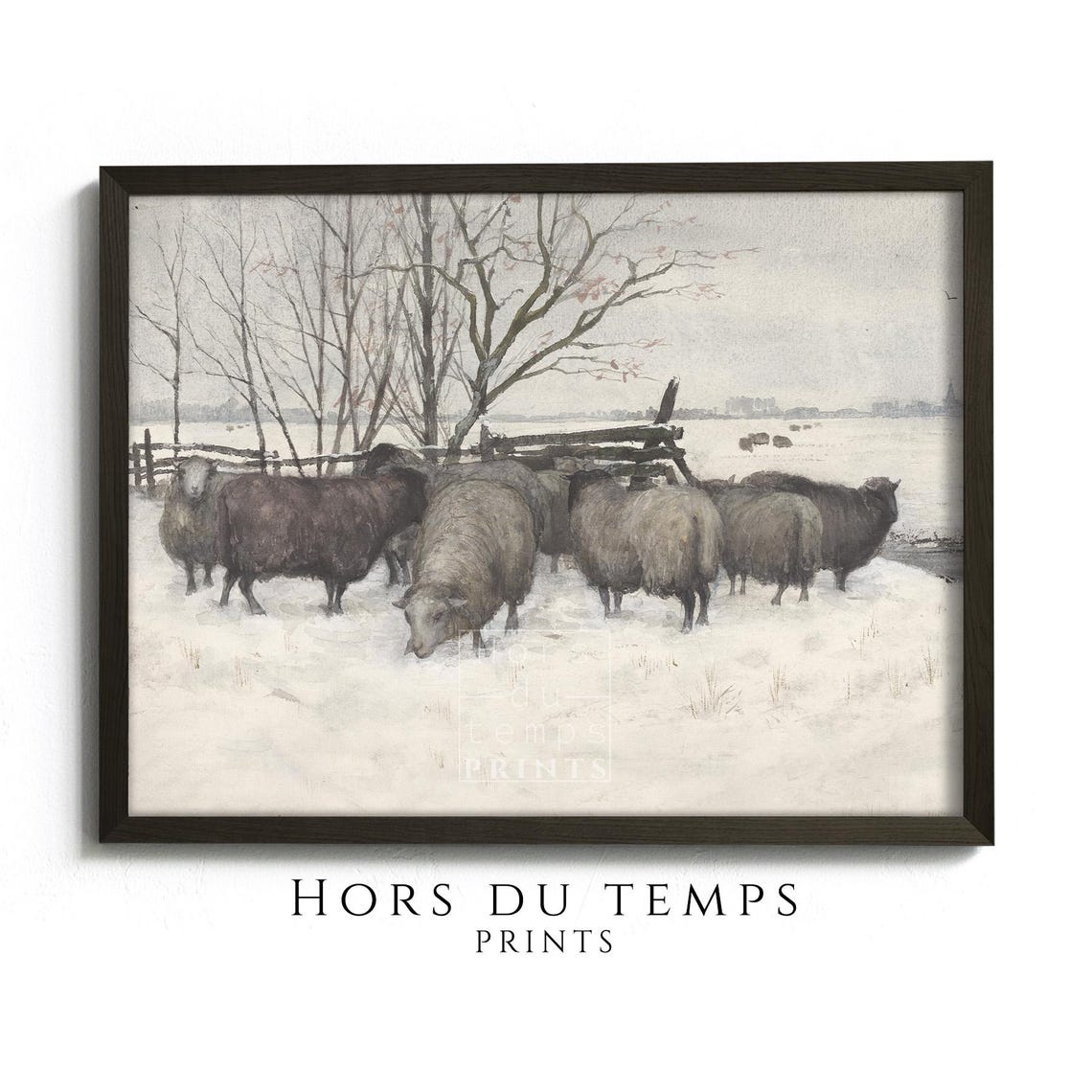 Vintage Sheep Snowy Field Winter Bare Trees Rustic Fence Poster