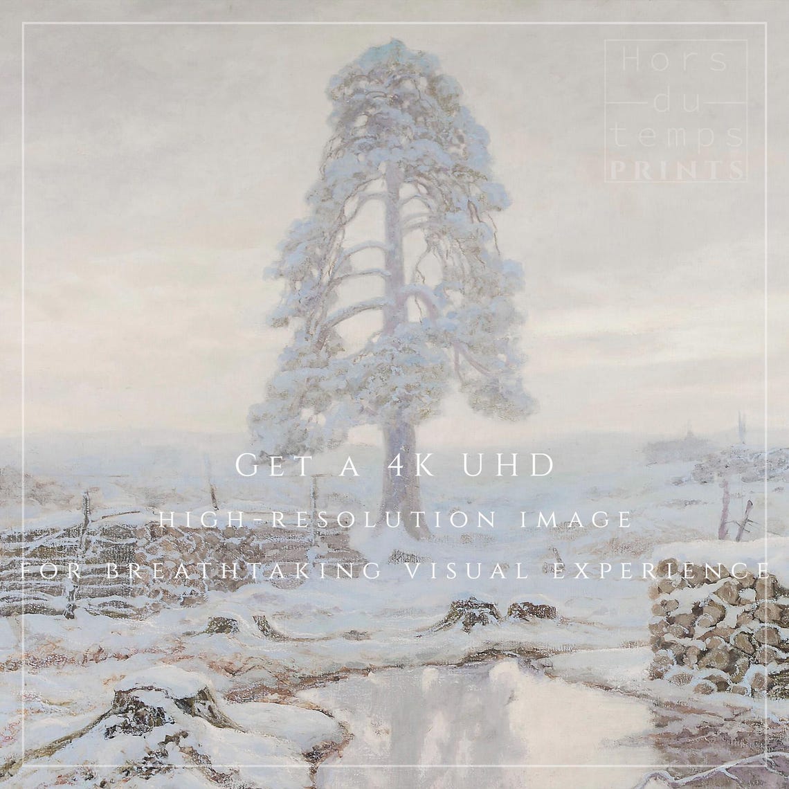 Tall Lone Pine in a Misty Snowy Field Vintage Winter Landscape Poster - Image 2