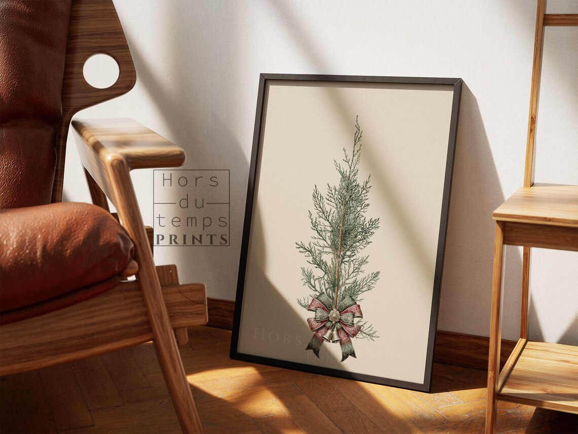 Christmas Cedar Branch Red Bow Bells Cream Botanical Holiday Poster - Image 2