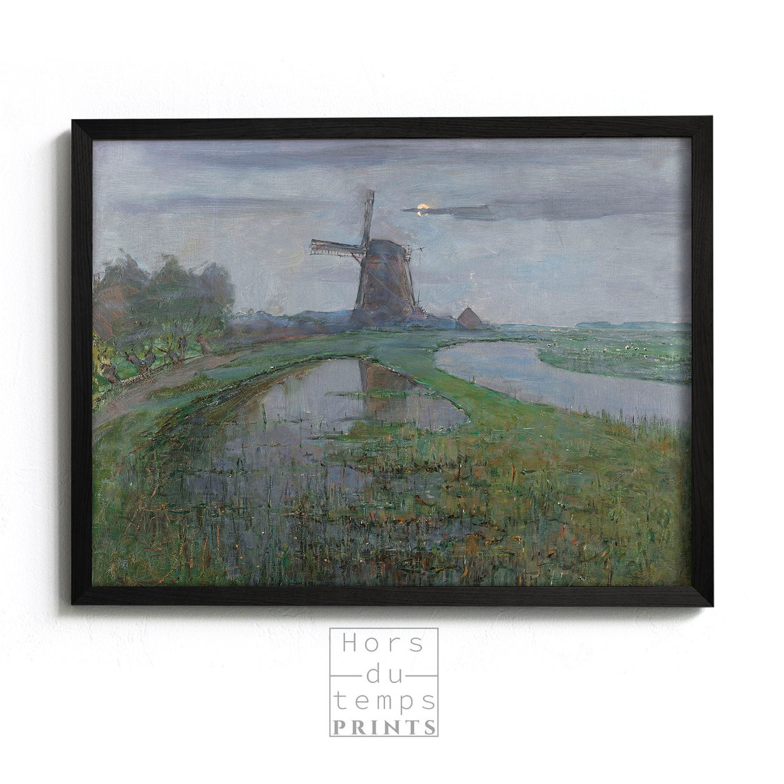 Vintage Moody Dutch Windmill Art Rustic River Landscape Oil Painting Hors Du Temps Prints - Image 2