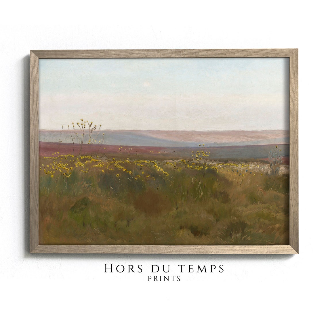 Yellow Wildflower Meadow Distant Hills Soft Pastel Art Poster