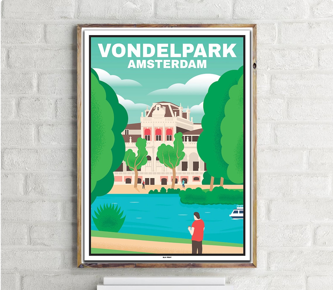 Damrak Canal Amsterdam Vintage Travel Poster