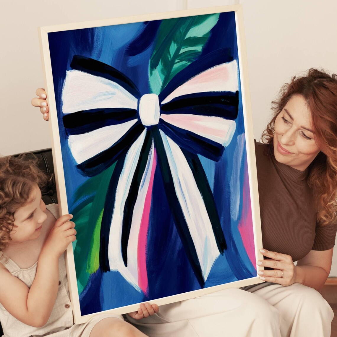 Striped Ribbon Bow on Blue Background Preppy Coquette Room Art Poster