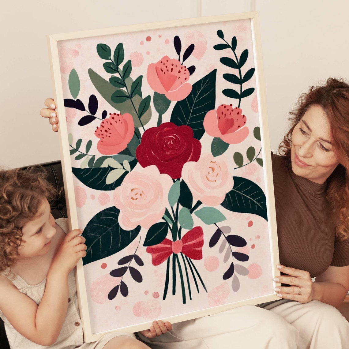 Rose Bouquet with Red Bow Girly Nursery Floral Decoration Art Poster