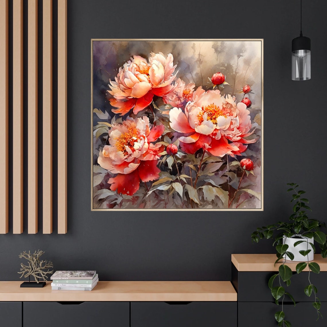 Vivid Coral Red Peonies Bloom Watercolor Floral Portrait Poster - Image 4