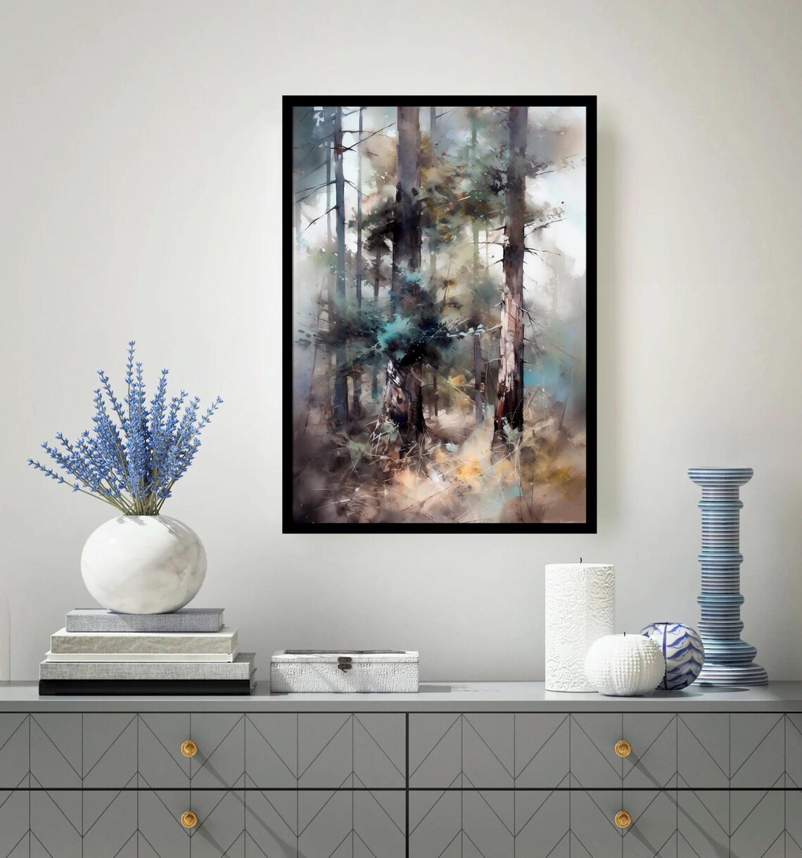 Misty Dark Pine Forest Tall Trunks Soft Fog Watercolor Woodland Poster - Image 4
