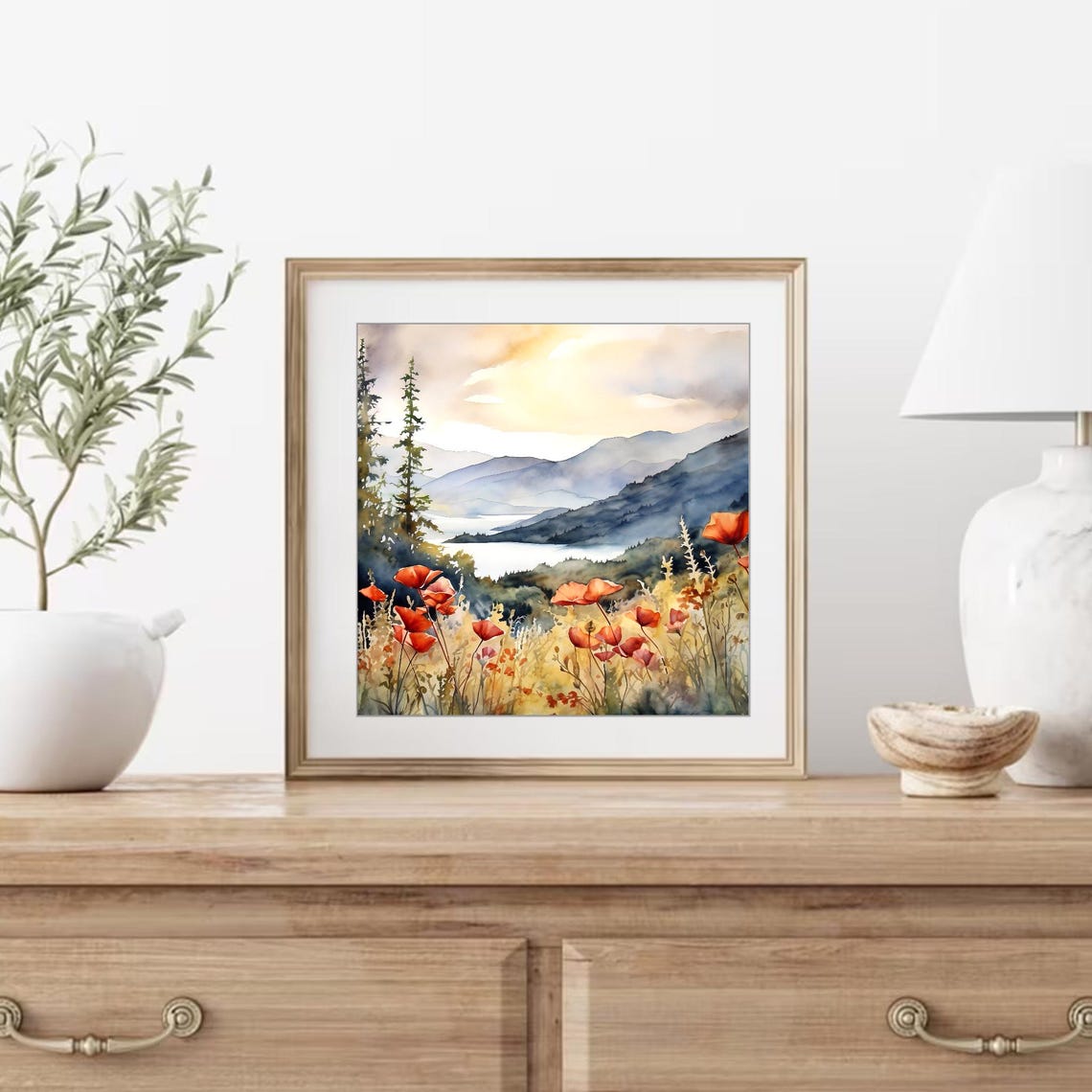 Orange Poppies and Pine Trees Over Mountain Lake Watercolor Poster - Image 4