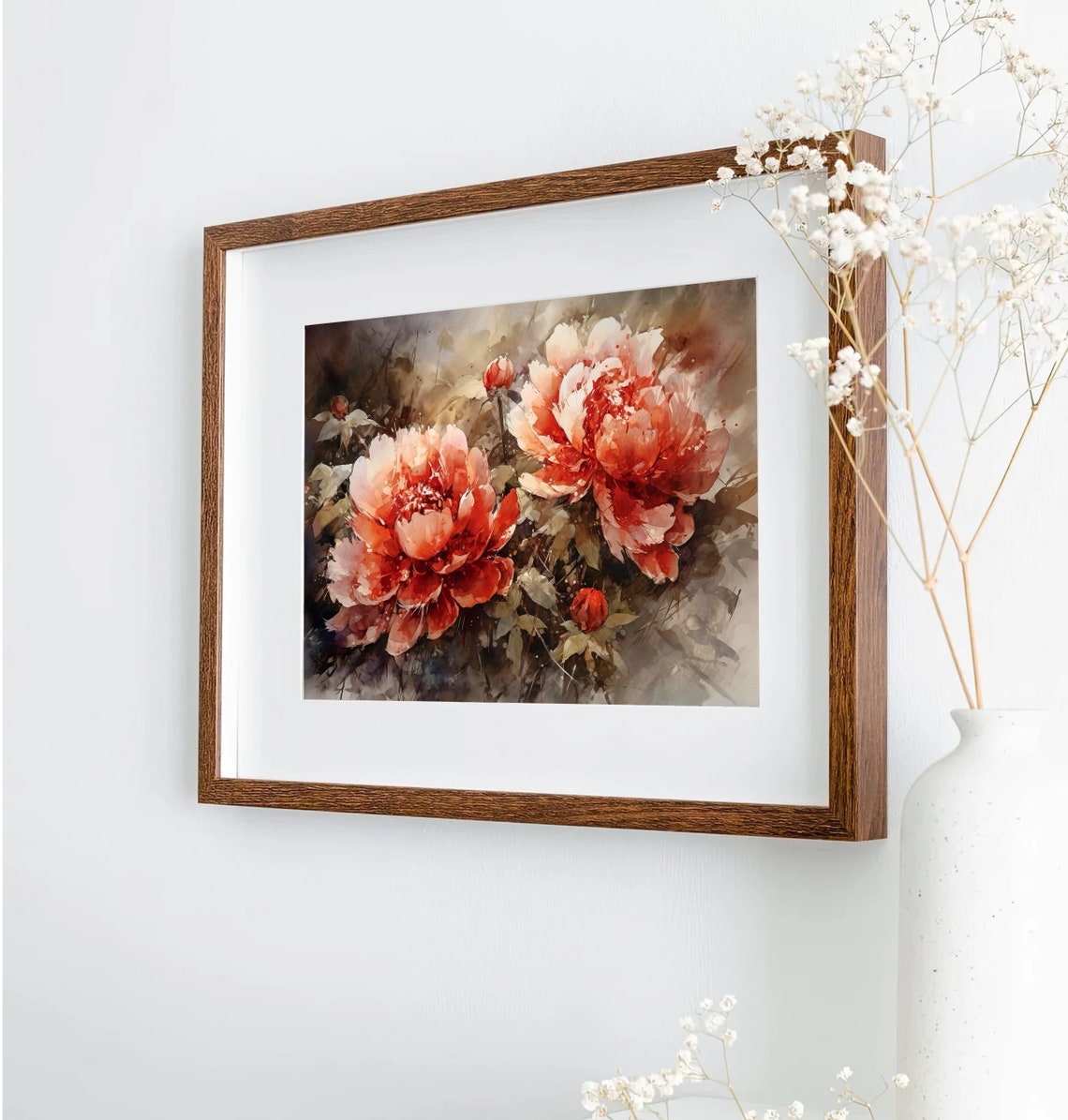 Coral Peonies Lush Blooms Painterly Floral Watercolor Wall Art - Image 5