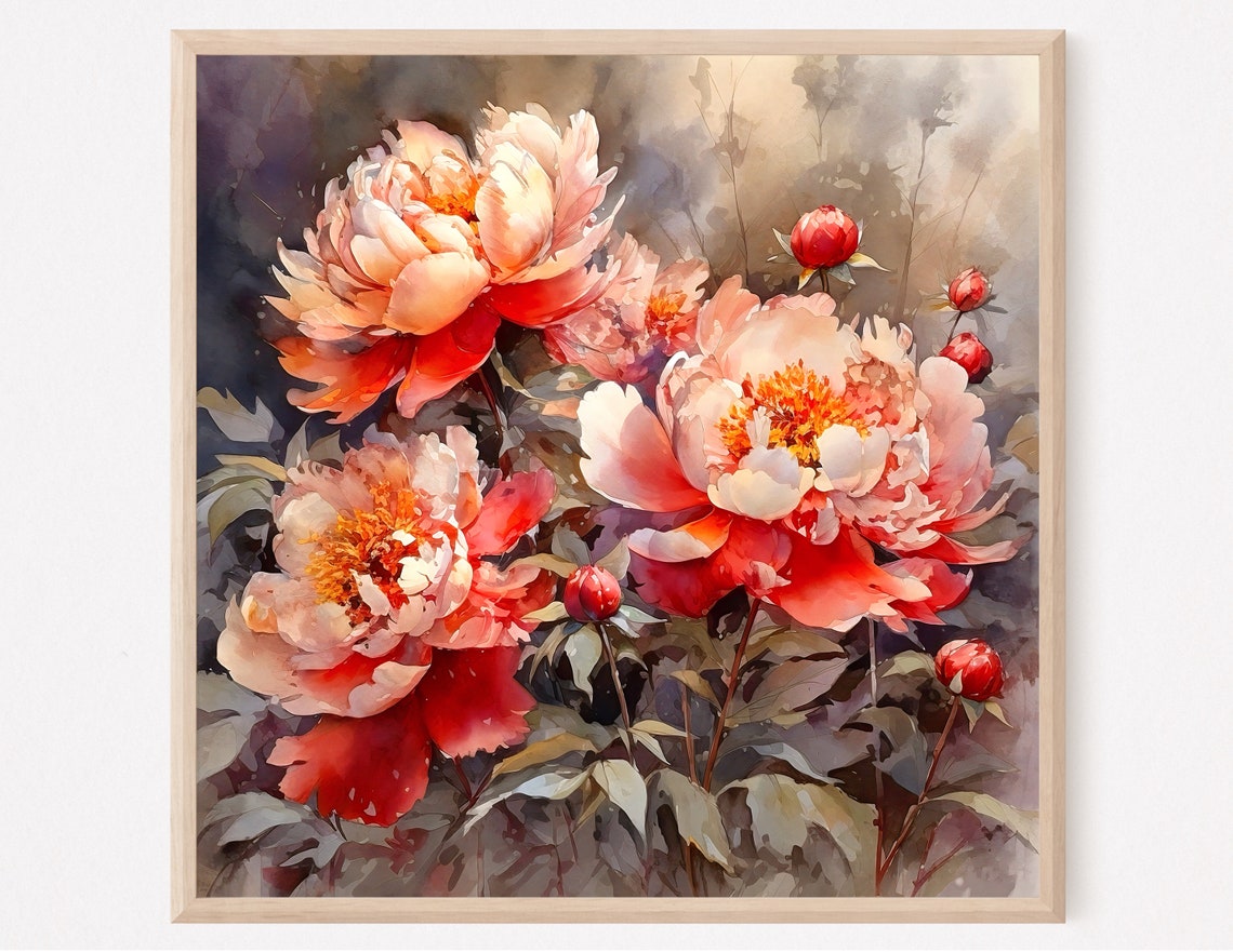 Vivid Coral Red Peonies Bloom Watercolor Floral Portrait Poster